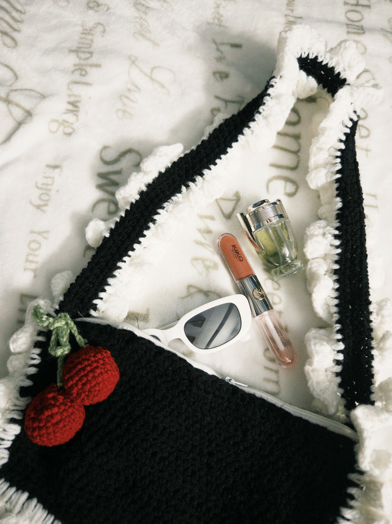 Midnight Cherry Crochet Shoulder Bag