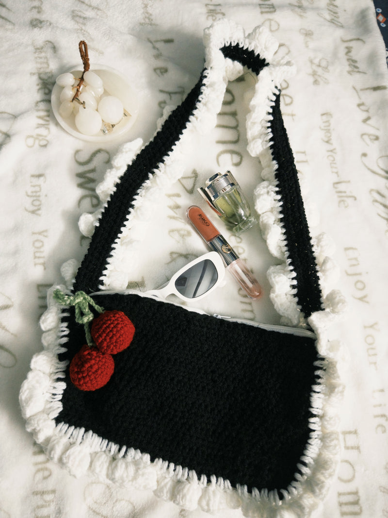 Midnight Cherry Crochet Shoulder Bag