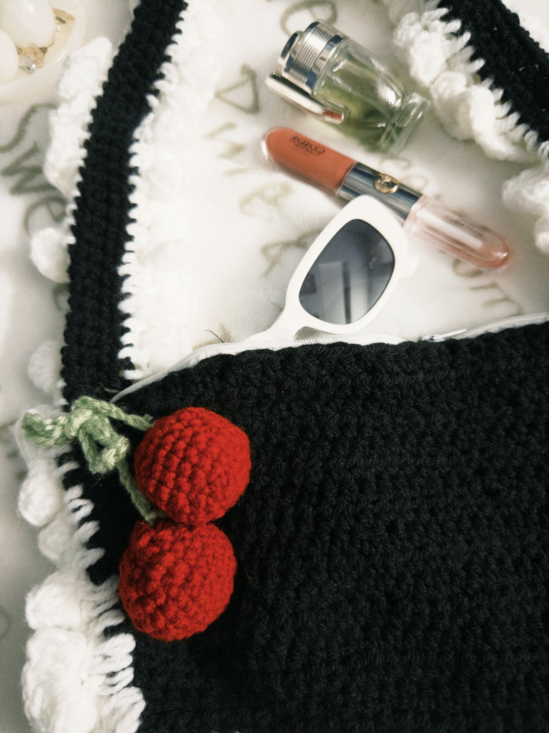 Midnight Cherry Crochet Shoulder Bag